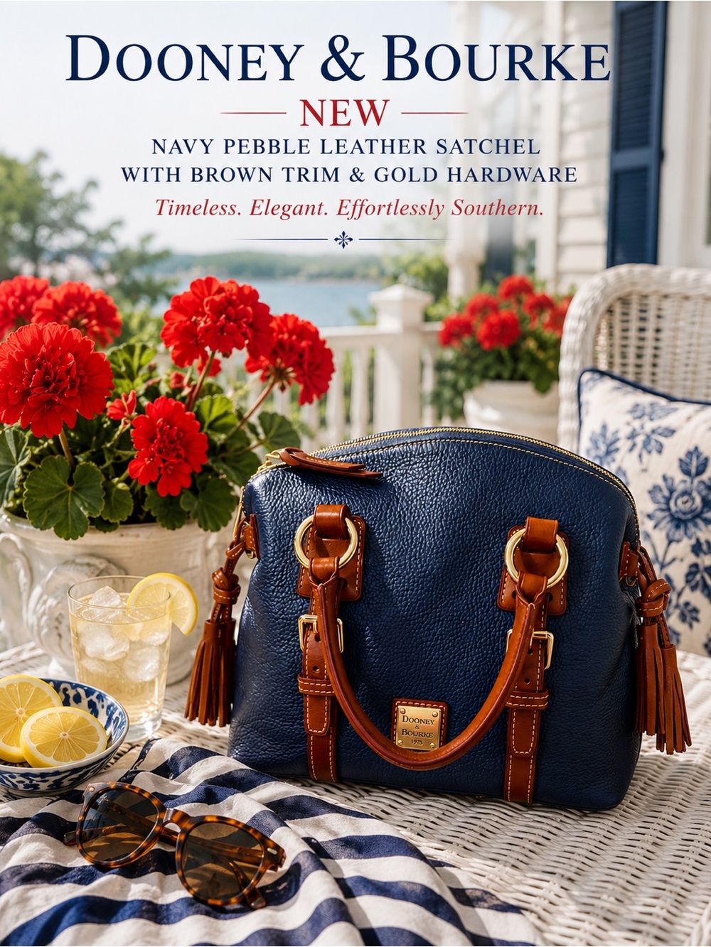 Dooney & Bourke NEW Navy Pebble Leather Satchel with Brown Trim - Gold Hardware